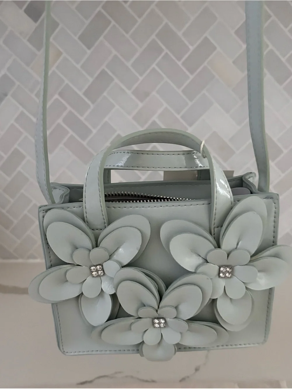 Zara Girls' Floral And Rhinestones Applique Crossbody Bag - Light Blue NWT